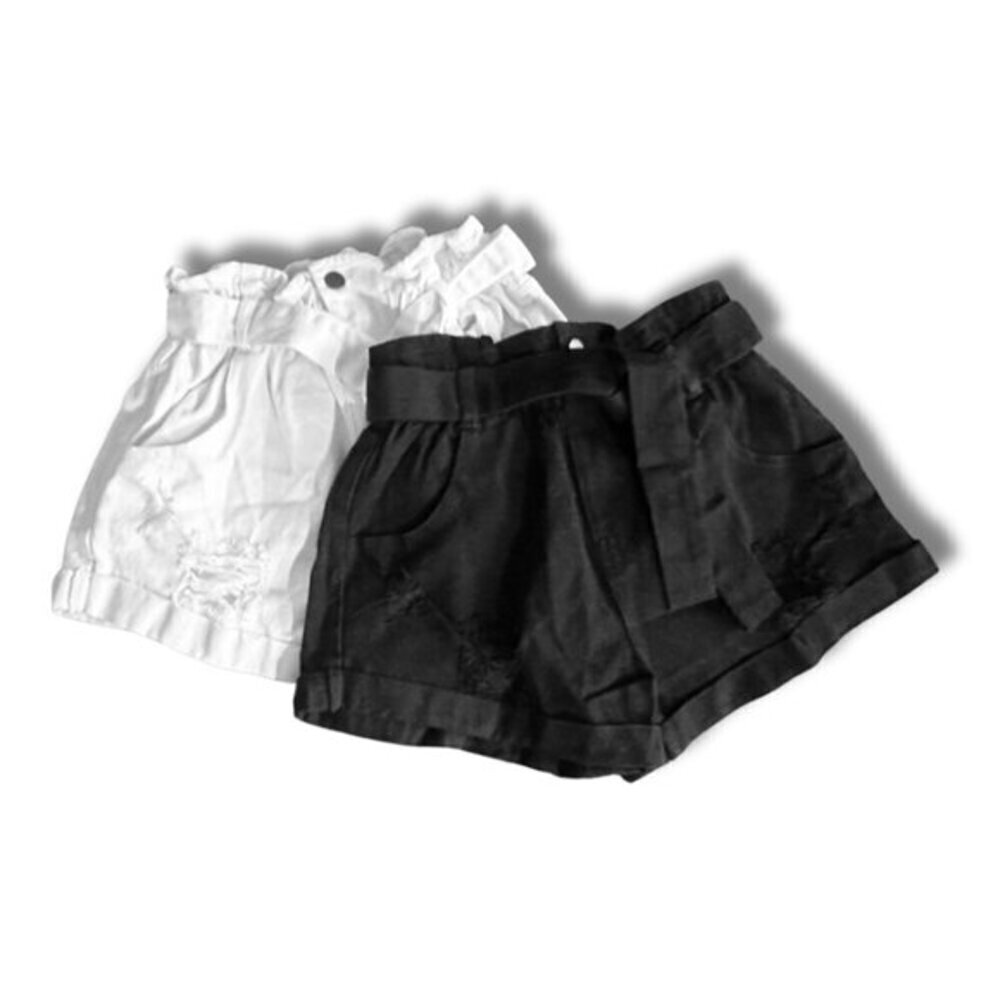 High rise black / white distressed belt denim shorts rolled paperbag HYFVE